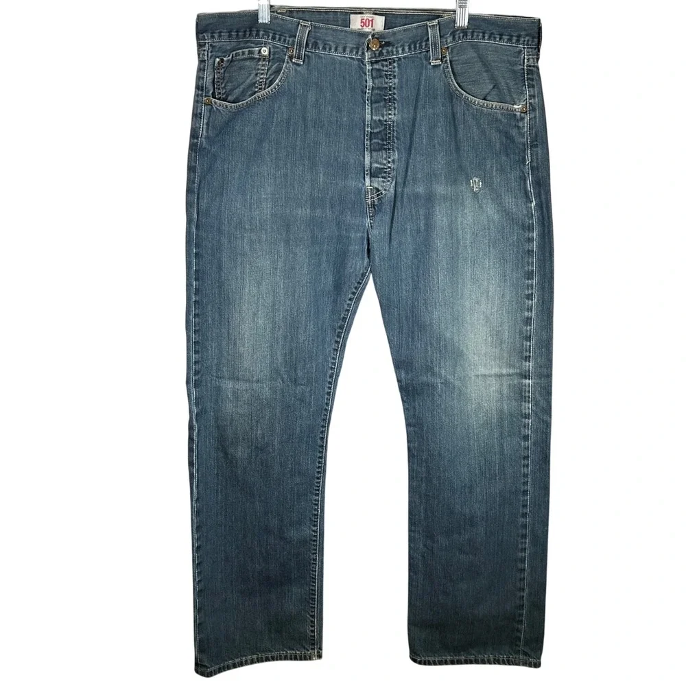 Levis 501 Straight Leg Button Fly Jeans Men's 40x32‎ Denim Blue Distressed Worn